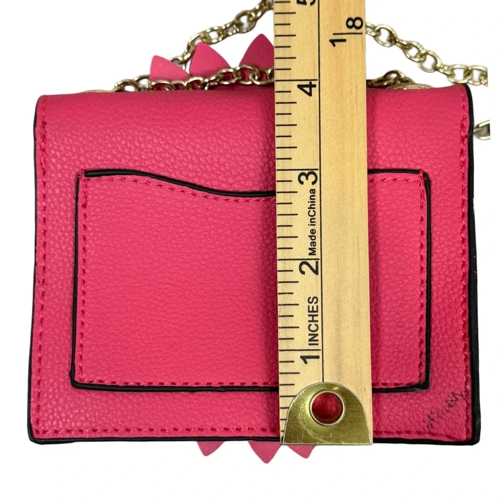 Pink Micro Purse Large Flower Embellishment Gold Accents, “E”  And Chain 5x4” - Picture 10 of 12